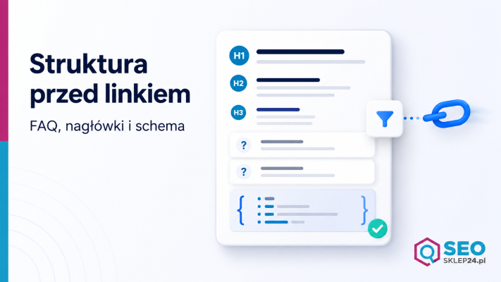 Grafika pokazująca kartę semantyczną z nagłówkami, FAQ i schema jako elementami przygotowania strony przed link buildingiem.