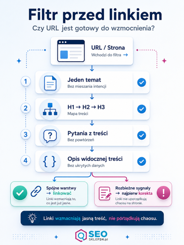 Infografika pokazująca filtr gotowości URL-a przed link buildingiem: temat, nagłówki, FAQ i schema prowadzące do decyzji o linkowaniu.