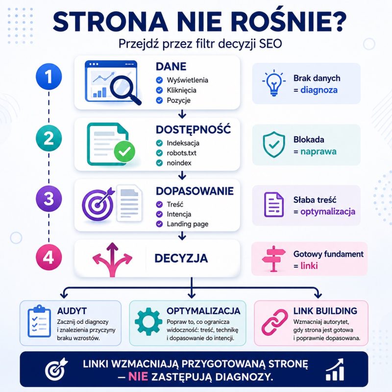 Infografika pokazuje filtr decyzji SEO: dane, dostępność, dopasowanie i wybór między audytem, optymalizacją oraz link buildingiem.