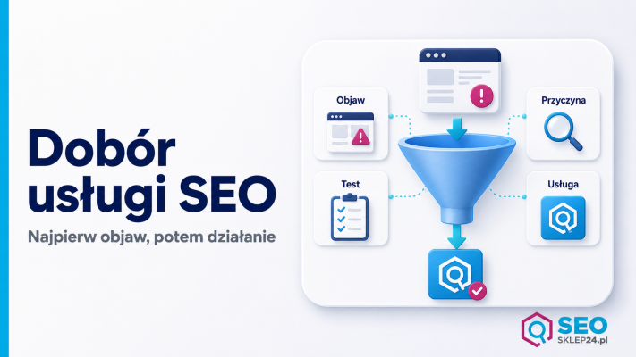 Grafika przedstawia filtr decyzyjny pomagający dobrać usługę SEO do problemu strony na podstawie objawu, przyczyny i testu.