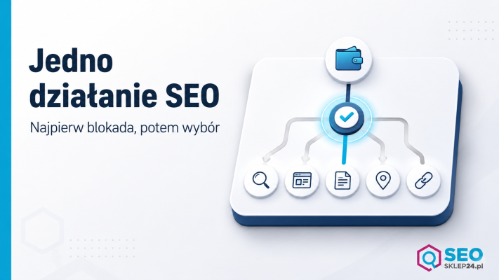 Grafika przedstawia kartę decyzyjną SEO z wyborem jednego priorytetu dla małej firmy z ograniczonym budżetem.