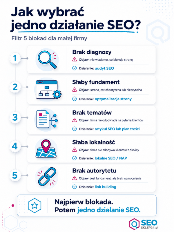 Infografika pokazuje filtr pięciu blokad SEO pomagający małej firmie wybrać jedno pierwsze działanie przy ograniczonym budżecie.