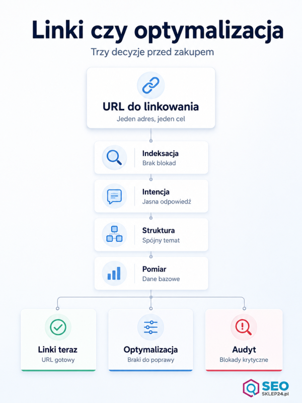 Infografika pokazuje filtr decyzji przed zakupem linków SEO: indeksacja, intencja, struktura i pomiar prowadzą do linków, optymalizacji albo audytu.