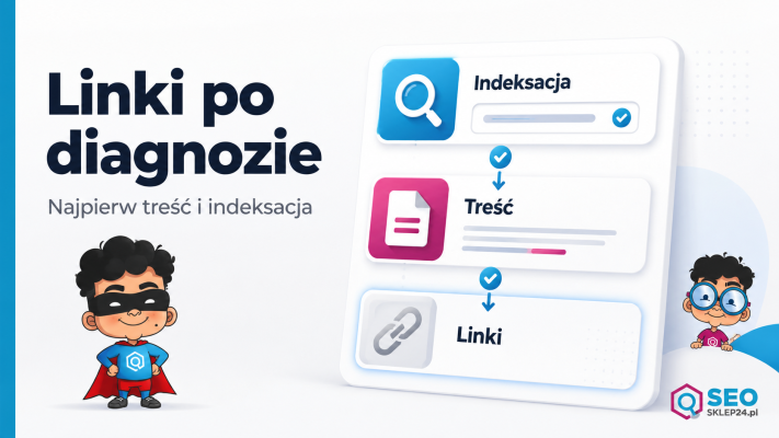 Grafika z kartą diagnostyczną SEO pokazującą, że przed zakupem linków trzeba sprawdzić indeksację, treść i właściwy URL.