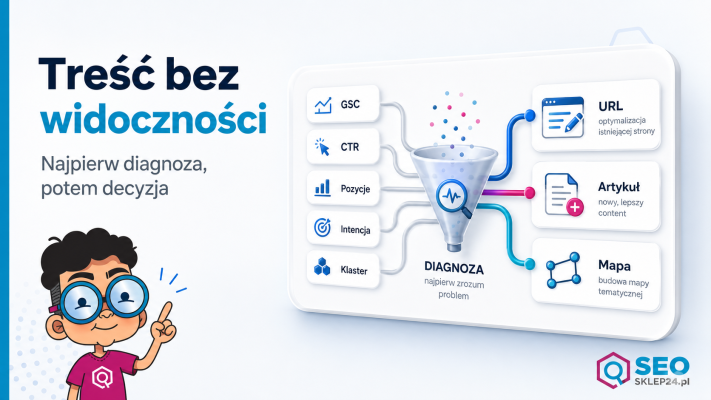 Grafika pokazująca filtr decyzji między optymalizacją treści, nowym artykułem i topical map przy braku widoczności bloga