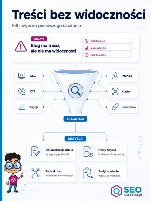 Infografika pokazująca filtr decyzji przy treściach bez widoczności: optymalizacja URL-a, nowy artykuł, topical map albo audyt contentu