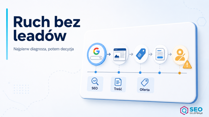 Grafika diagnostyczna pokazująca ruch z Google, stronę, ofertę i formularz bez leadów jako problem SEO, treści lub oferty.