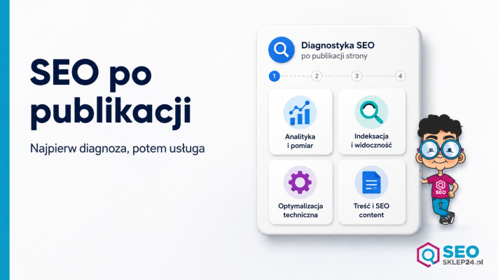 Grafika pokazuje kartę diagnostyczną SEO po publikacji nowej strony z etapami pomiaru, indeksacji, optymalizacji i treści.