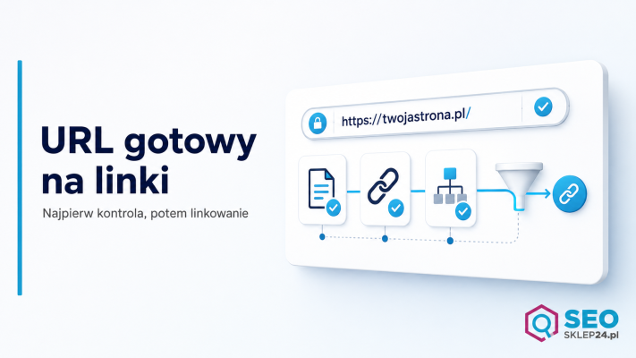 Grafika pokazująca kartę diagnostyczną URL-a przed link buildingiem z ikonami indeksacji, canonical i kontroli treści.