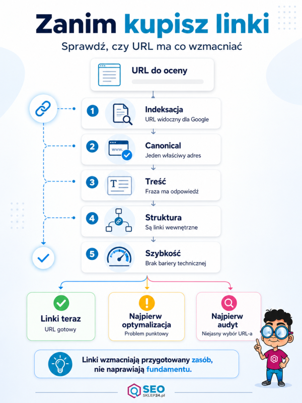 Infografika pokazująca filtr decyzji przed link buildingiem: indeksację, canonical, treść, strukturę, szybkość i wybór dalszego kroku.