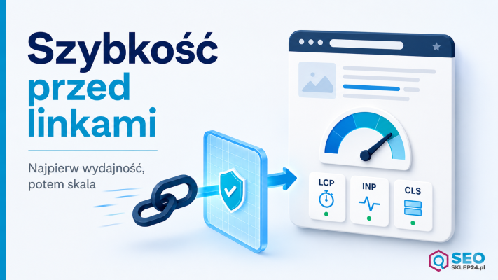 Grafika pokazująca kartę diagnostyczną szybkości strony przed linkowaniem z metrykami LCP, INP i CLS oraz filtrem wydajności.