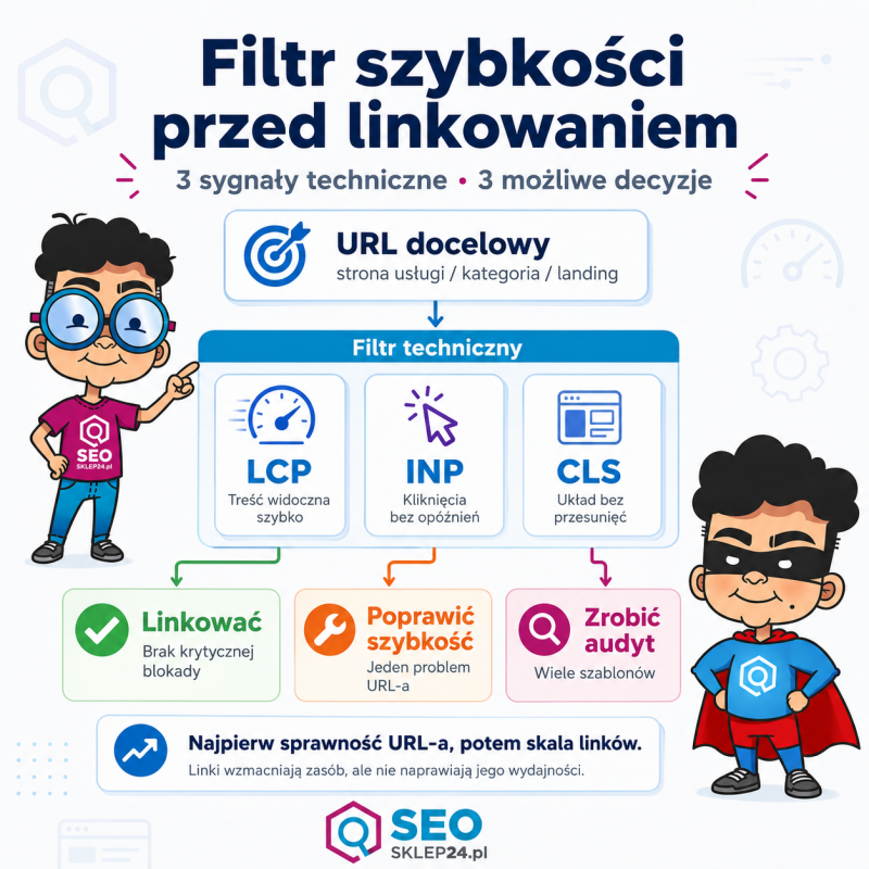 Infografika pokazująca filtr decyzji przed linkowaniem: URL docelowy, kontrolę LCP, INP i CLS oraz wybór między linkowaniem, poprawą szybkości i audytem.