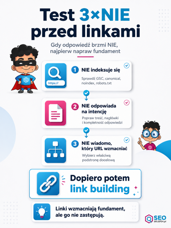 Infografika pokazująca test 3×NIE przed zakupem linków: indeksacja, intencja treści i wybór właściwego URL-a do linkowania.