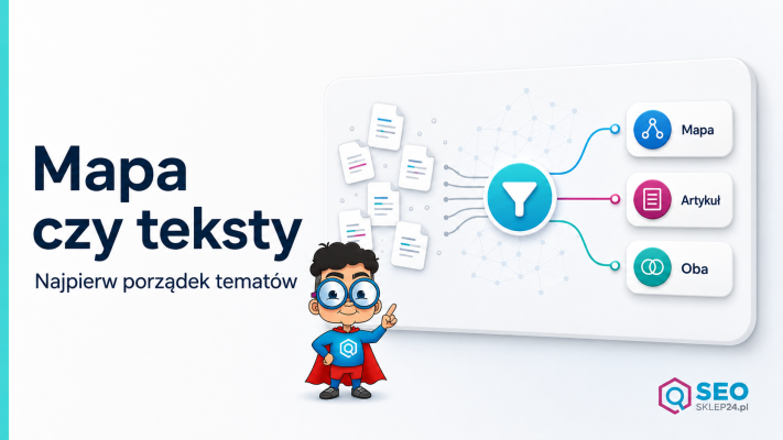 Grafika pokazuje wybór między topical map a gotowymi artykułami SEO dla chaotycznego bloga firmowego.