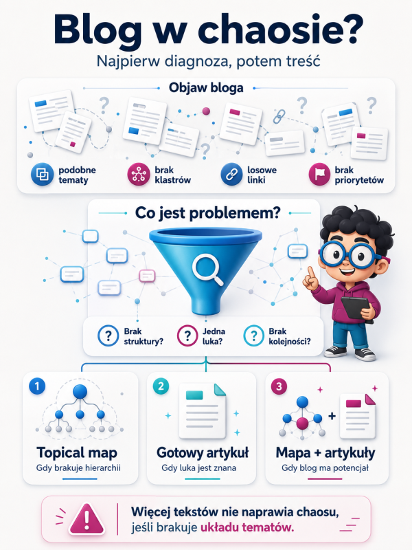 Infografika pokazuje filtr wyboru między topical map a gotowymi artykułami SEO przy chaotycznym blogu firmowym.