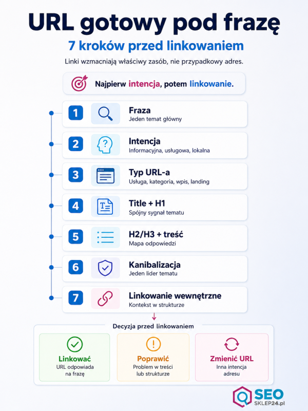Infografika pokazująca siedem kroków przygotowania podstrony pod frazę przed linkowaniem: intencję, URL, nagłówki, treść i decyzję.
