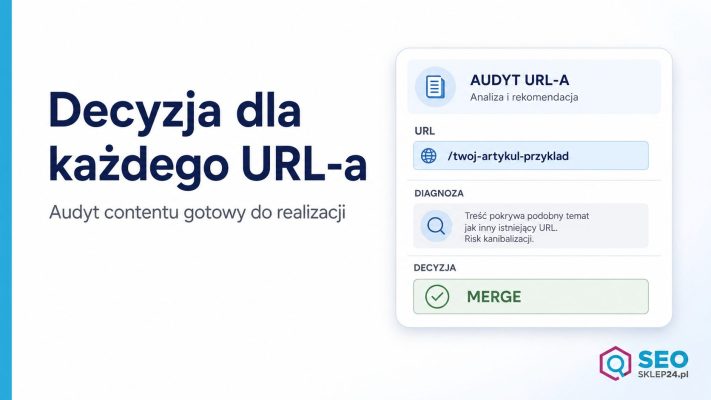 Grafika audytu contentu z kartą URL i przypisaną decyzją, pokazująca przejście od analizy pojedynczej strony do zadania.