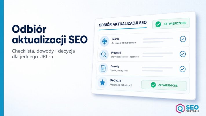 Grafika wyróżniająca przedstawiająca kartę kontroli odbioru zaktualizowanego artykułu SEO z polami zakresu, dowodu i statusu.