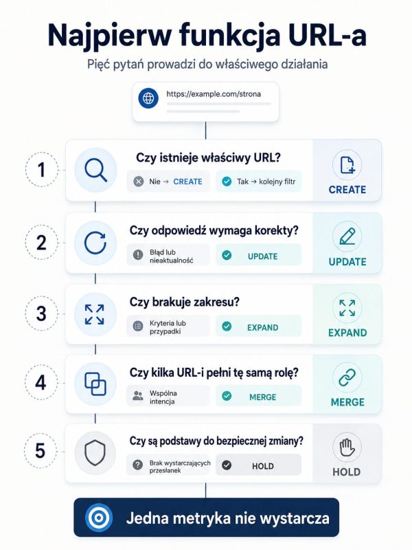 Infografika pokazująca pięć pytań prowadzących do wyboru CREATE, UPDATE, EXPAND, MERGE lub HOLD dla konkretnego adresu URL.