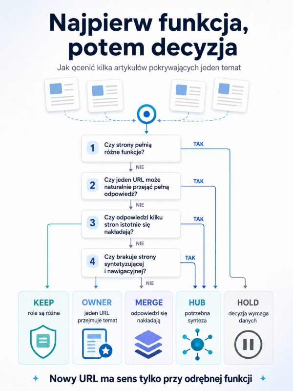 Infografika pokazująca filtr decyzji KEEP, OWNER, MERGE, HUB i HOLD dla kilku artykułów pokrywających jeden temat.
