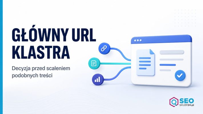 Grafika przedstawiająca główny URL klastra jako centralną kartę przejmującą uporządkowane sygnały podobnych artykułów.