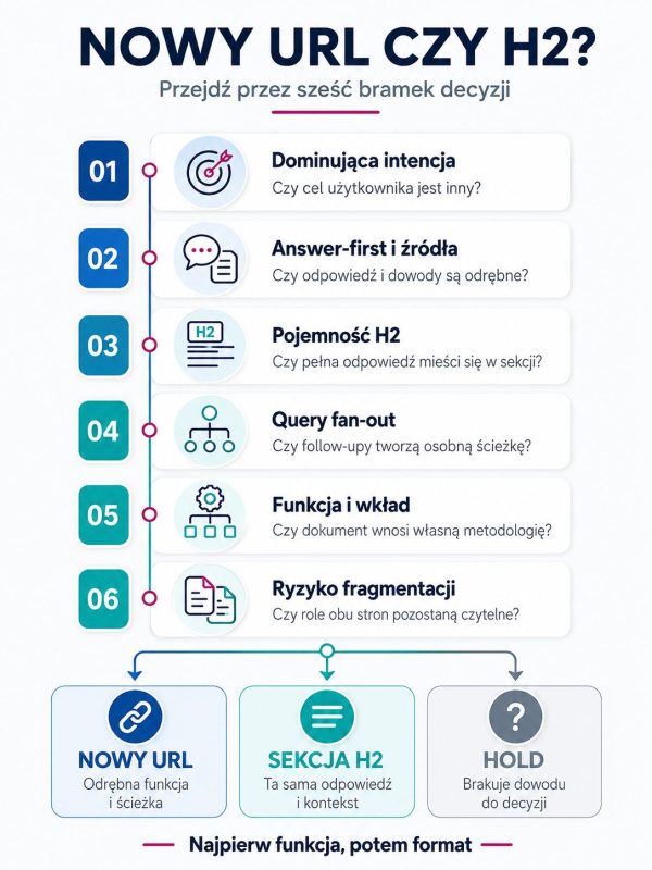 Infografika przedstawia sześć bramek pomagających wybrać między nowym URL-em, sekcją H2 a decyzją HOLD dla podzapytania.