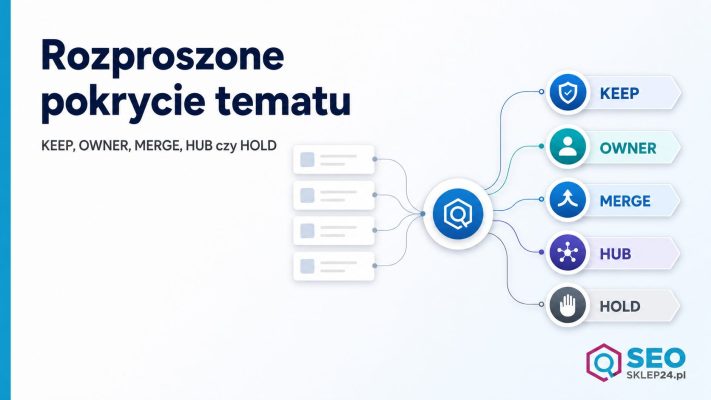 Grafika przedstawiająca mapę rozproszonego pokrycia treści z decyzjami KEEP, OWNER, MERGE, HUB i HOLD dla kilku artykułów.