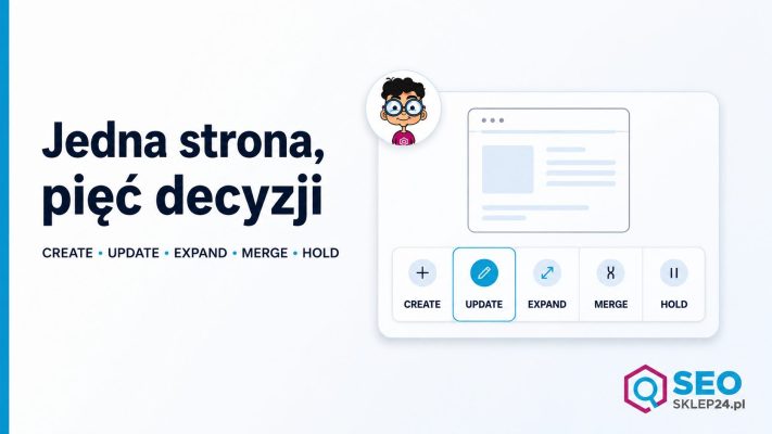 Grafika przedstawiająca wybór działania CREATE, UPDATE, EXPAND, MERGE lub HOLD dla pojedynczego adresu URL w audycie contentu.