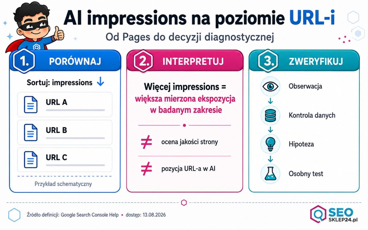 Schemat analizy URL-i według AI impressions: porównanie Pages, interpretacja ekspozycji i wybór kolejnego testu diagnostycznego.