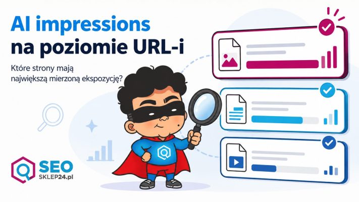 Maskotka SEOsklep24.pl analizuje strony o różnym poziomie AI impressions; grafika ilustruje porównanie mierzonej ekspozycji URL-i.