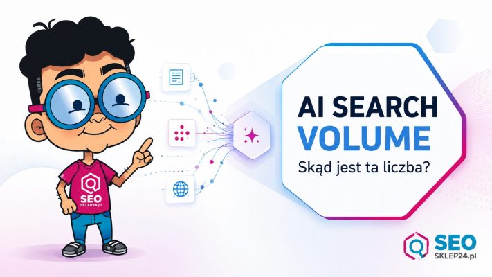 Maskotka SEOsklep24 analizuje AI Search Volume na grafice wyróżniającej artykuł o liczbie wyszukiwań w ChatGPT.