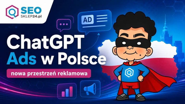 Grafika wyróżniająca o ChatGPT Ads w Polsce z maskotką SEOsklep24.pl, mapą Polski i symbolami reklamy cyfrowej.