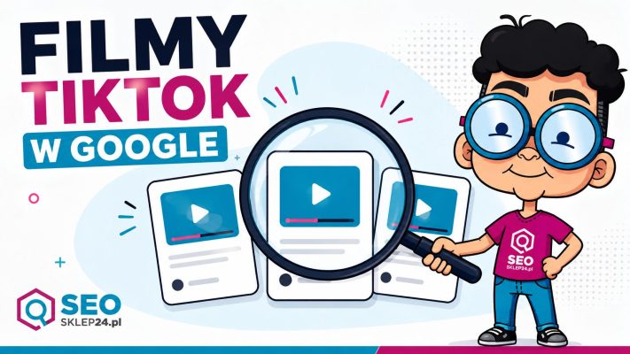 Maskotka SEOsklep24 analizuje pod lupą trzy karty filmów; grafika z napisem „Filmy TikTok w Google”.