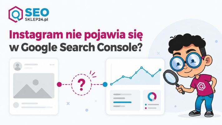 Grafika wyróżniająca do artykułu o problemie z Instagramem w Google Search Console. Maskotka SEOsklep24 bada przerwane połączenie między profilem social media a panelem danych.