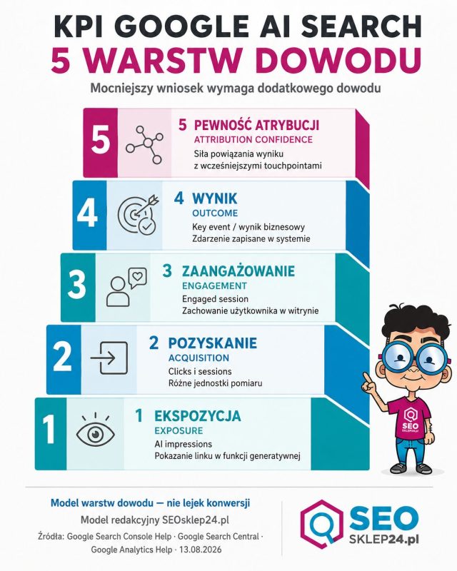 Pięć warstw KPI Google AI Search: ekspozycja, pozyskanie, zaangażowanie, wynik i pewność atrybucji, pokazane jako drabina dowodu.