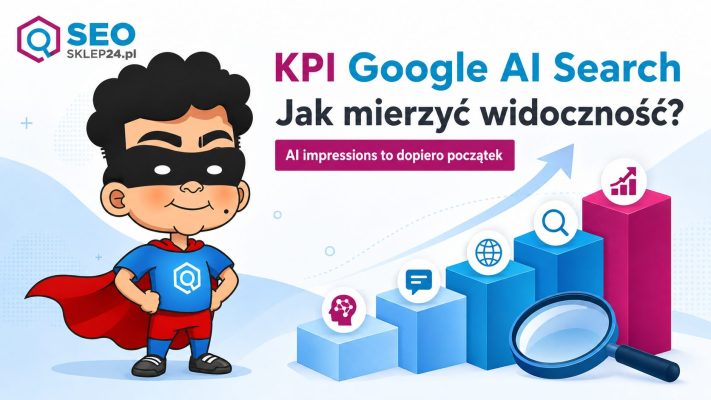 Grafika wyróżniająca o KPI Google AI Search z maskotką SEOsklep24.pl, symbolami analizy i rosnącymi poziomami pomiaru widoczności.