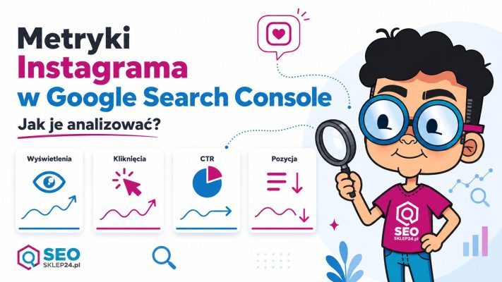 Maskotka SEOsklep24 analizuje metryki Instagrama w Google Search Console: wyświetlenia, kliknięcia, CTR i pozycję.