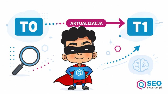 Grafika wyróżniająca pokazująca przejście od T0 przez aktualizację artykułu do T1 w pomiarze widoczności Google AI Search.