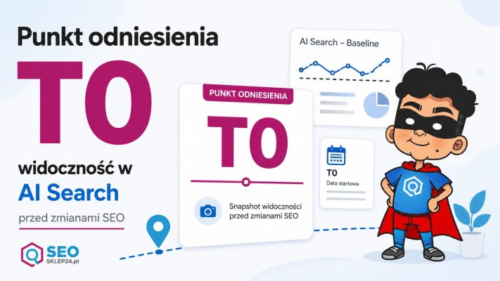 Grafika wyróżniająca przedstawiająca stan T0 jako punkt odniesienia widoczności w Google AI Search przed zmianami SEO.