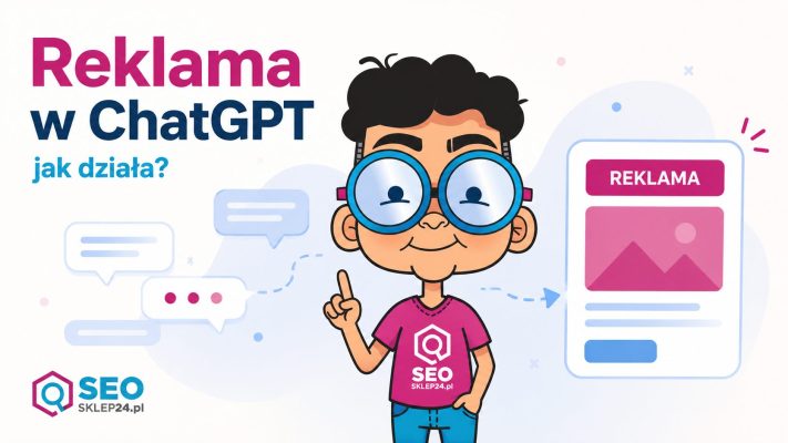 Grafika wyróżniająca do artykułu o reklamie w ChatGPT z maskotką SEOsklep24.pl, motywami rozmowy i kartą reklamową.