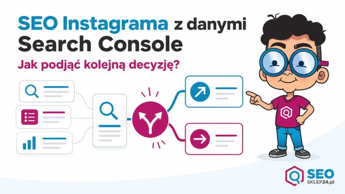 Maskotka SEOsklep24 analizuje dane Google Search Console i wybiera kierunek dalszych działań dla treści Instagrama.