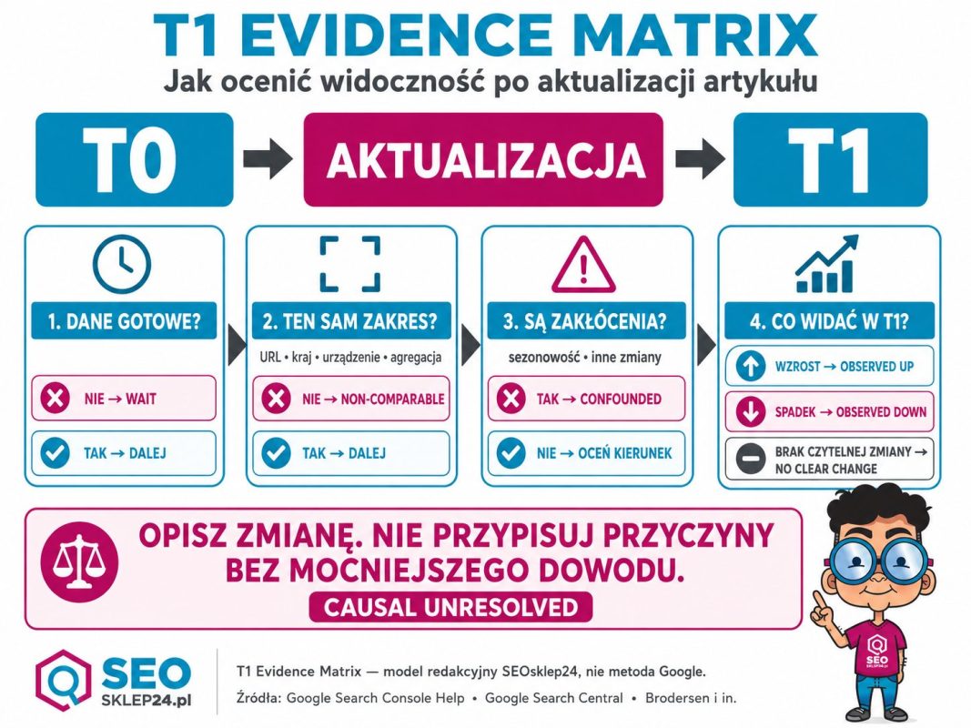 Infografika T1 Evidence Matrix pokazująca, jak ocenić Generative AI impressions po aktualizacji artykułu: gotowość T1, porównywalność i zakłócenia.
