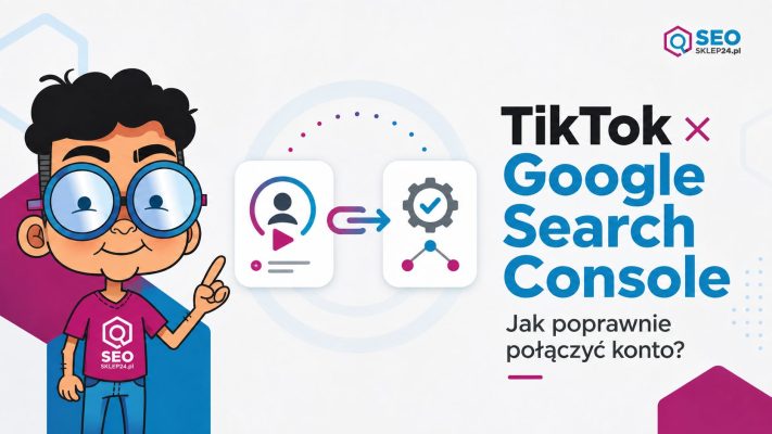 Grafika wyróżniająca przedstawiająca połączenie konta TikTok z Google Search Console, z maskotką SEOsklep24 i symbolem konfiguracji.