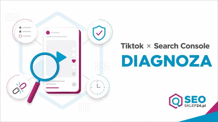 Lupa nad abstrakcyjnym ekranem wideo z symbolami weryfikacji, połączenia i danych, ilustrująca diagnostykę problemów TikTok w Google Search Console.