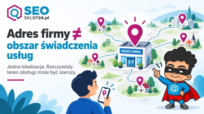 Grafika wyróżniająca przedstawiająca siedzibę firmy, kilka miejsc obsługi i różnicę między adresem a obszarem świadczenia usług.