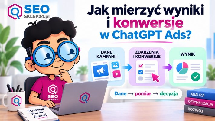 Grafika przedstawiająca pomiar wyników i konwersji w ChatGPT Ads — od danych kampanii przez zdarzenia do wyniku.