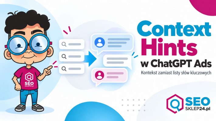 Grafika wyróżniająca o Context Hints w ChatGPT Ads, pokazująca przejście od listy słów kluczowych do kontekstu rozmowy.