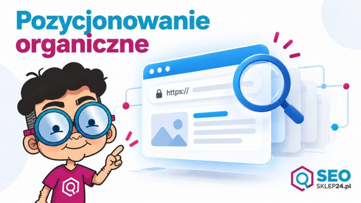 Grafika wyróżniająca artykułu o pozycjonowaniu organicznym z kartą strony internetowej i lupą symbolizującą widoczność w wyszukiwarce.