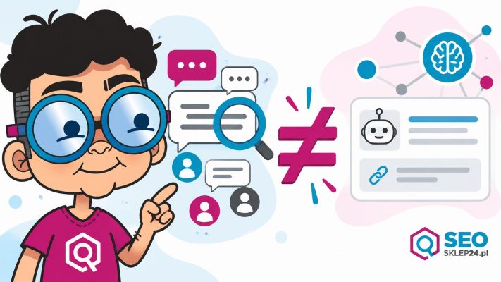 Maskotka SEOsklep24 pokazująca różnicę między researchem UGC a cytowaniami w AI