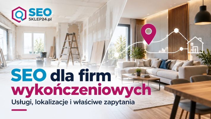Grafika wyróżniająca artykuł o SEO dla firm wykończeniowych, pokazująca wnętrze w trakcie prac i po wykończeniu oraz motyw lokalizacji.